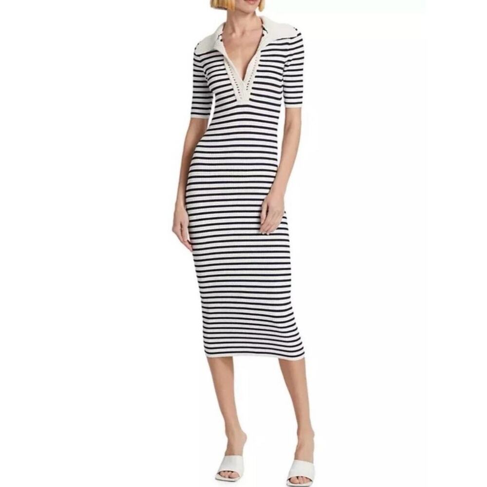 Nwt Caroline Constas Ribbed Knit Crochet V-Neck Stripes Women’s Midi Dress Sz Xl